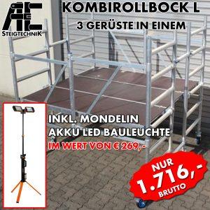 AKTIONSANGEBOT: AC Steigtechnik Kombi-Rollbock L, Arbeitsfläche 1,90 x 1,85 m, Arbeitshöhe bis 3,0 m inkl. Mondelin Akku Baustrahler